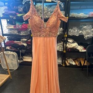 Rachel Allan Size 2 Peach Chiffon Gown with Shoulder Detail